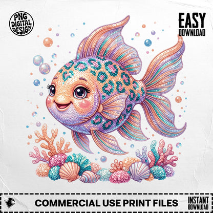 Cartoon goldfish with coral and shells, "EASY DOWNLOAD" text.