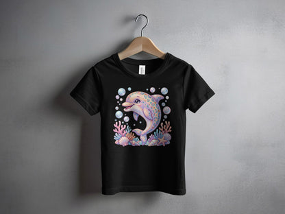 Black t-shirt with a colorful cartoon dolphin surrounded by seashells and bubbles.