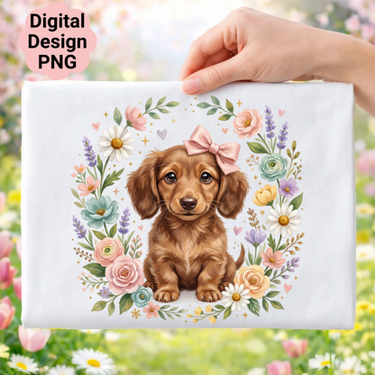 Brown dachshund puppy wearing pink bow in floral wreath.