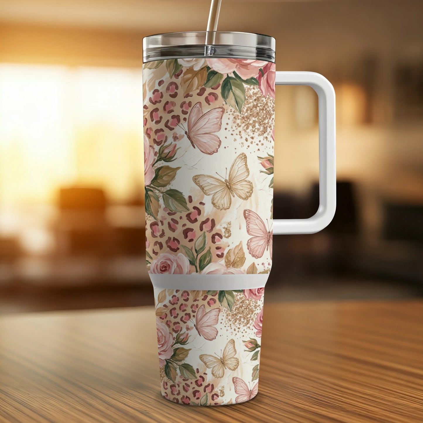 30 oz tumbler with floral and butterfly pattern, featuring a leopard print accent.