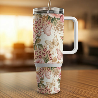 30 oz tumbler with floral and butterfly pattern, featuring a leopard print accent.