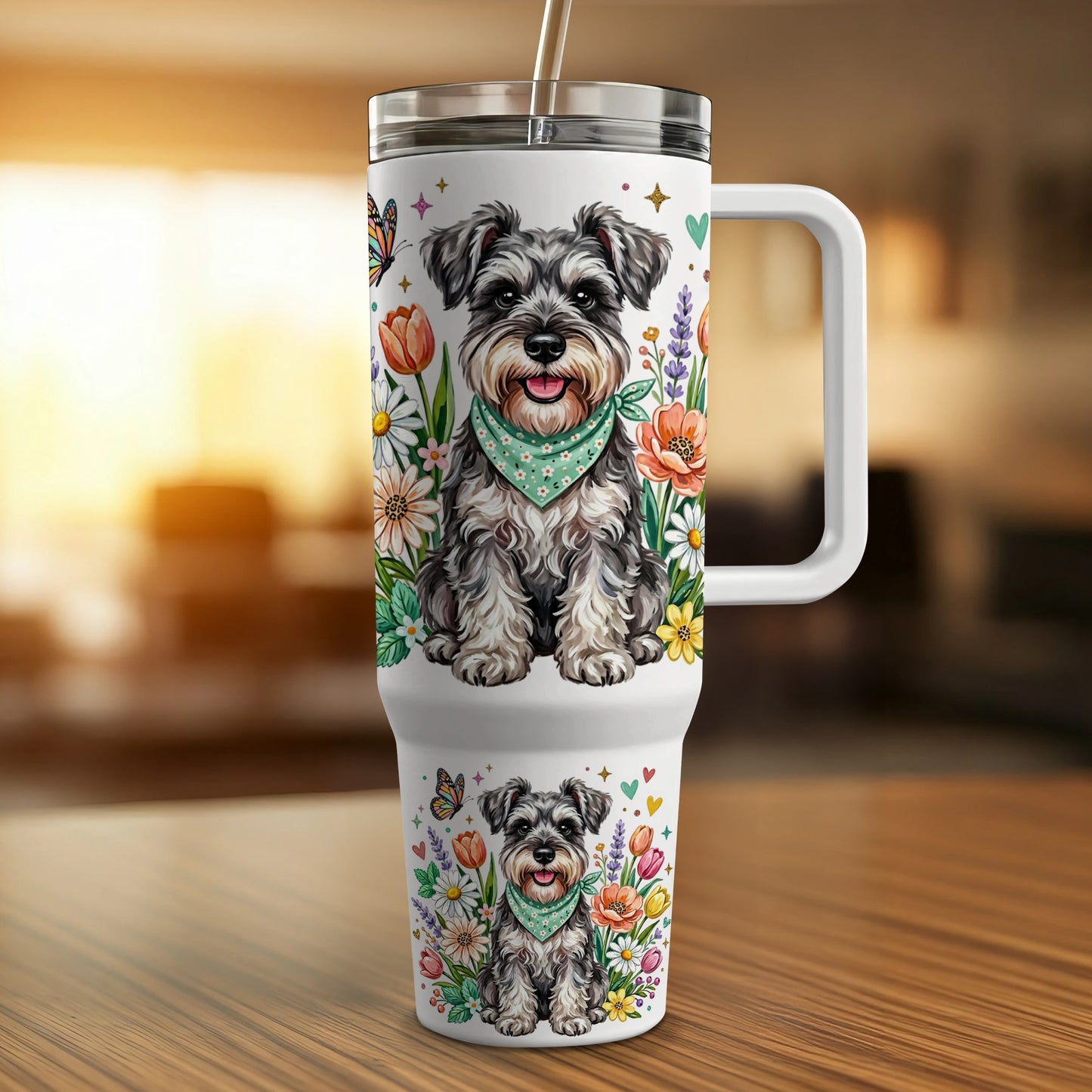 Schnauzer dog illustration on a large travel mug with floral accents.