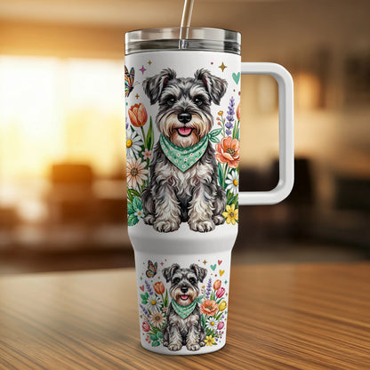 Schnauzer dog illustration on a large travel mug with floral accents.