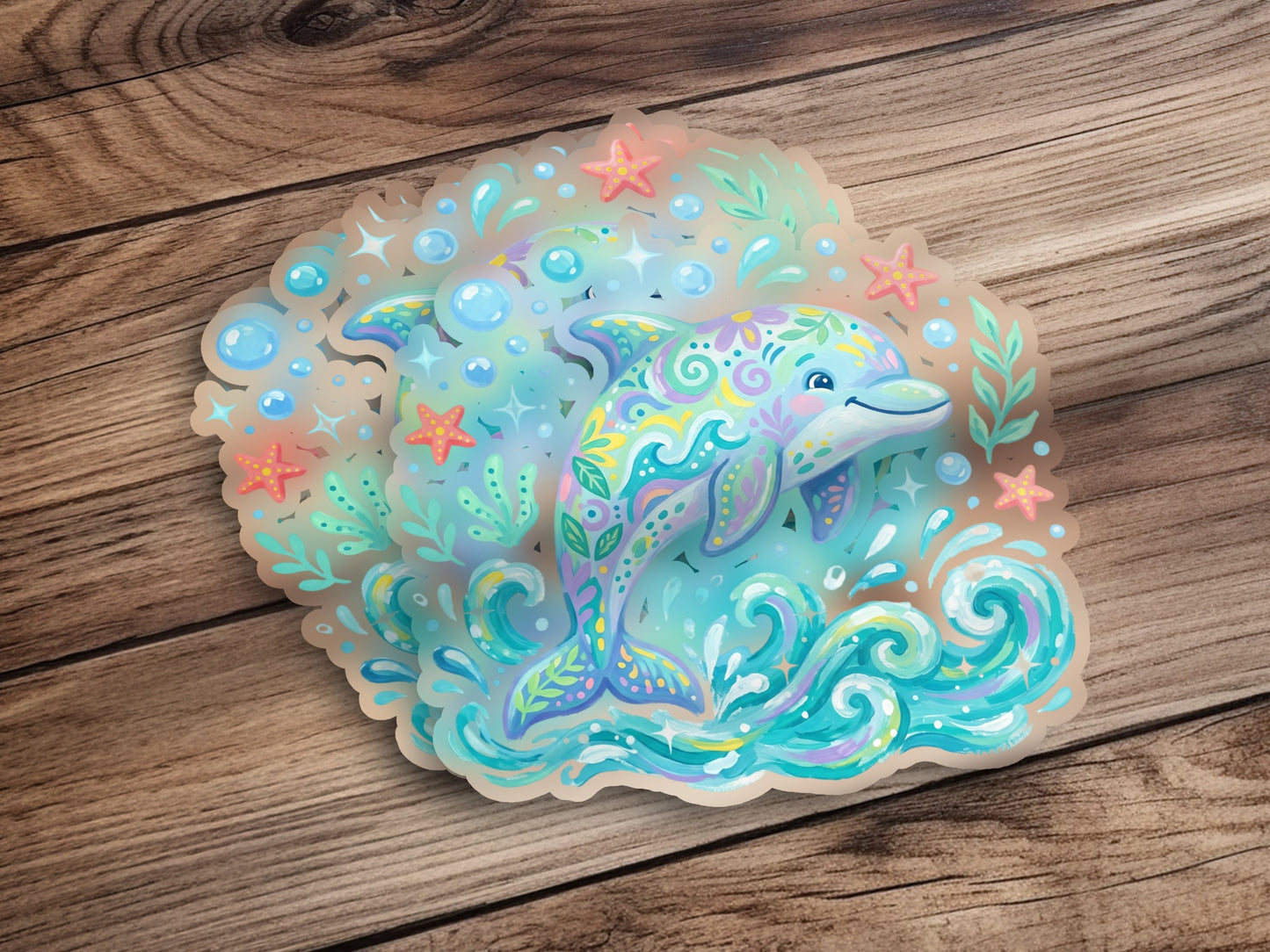 Colorful dolphin sticker with swirling waves and sea stars.