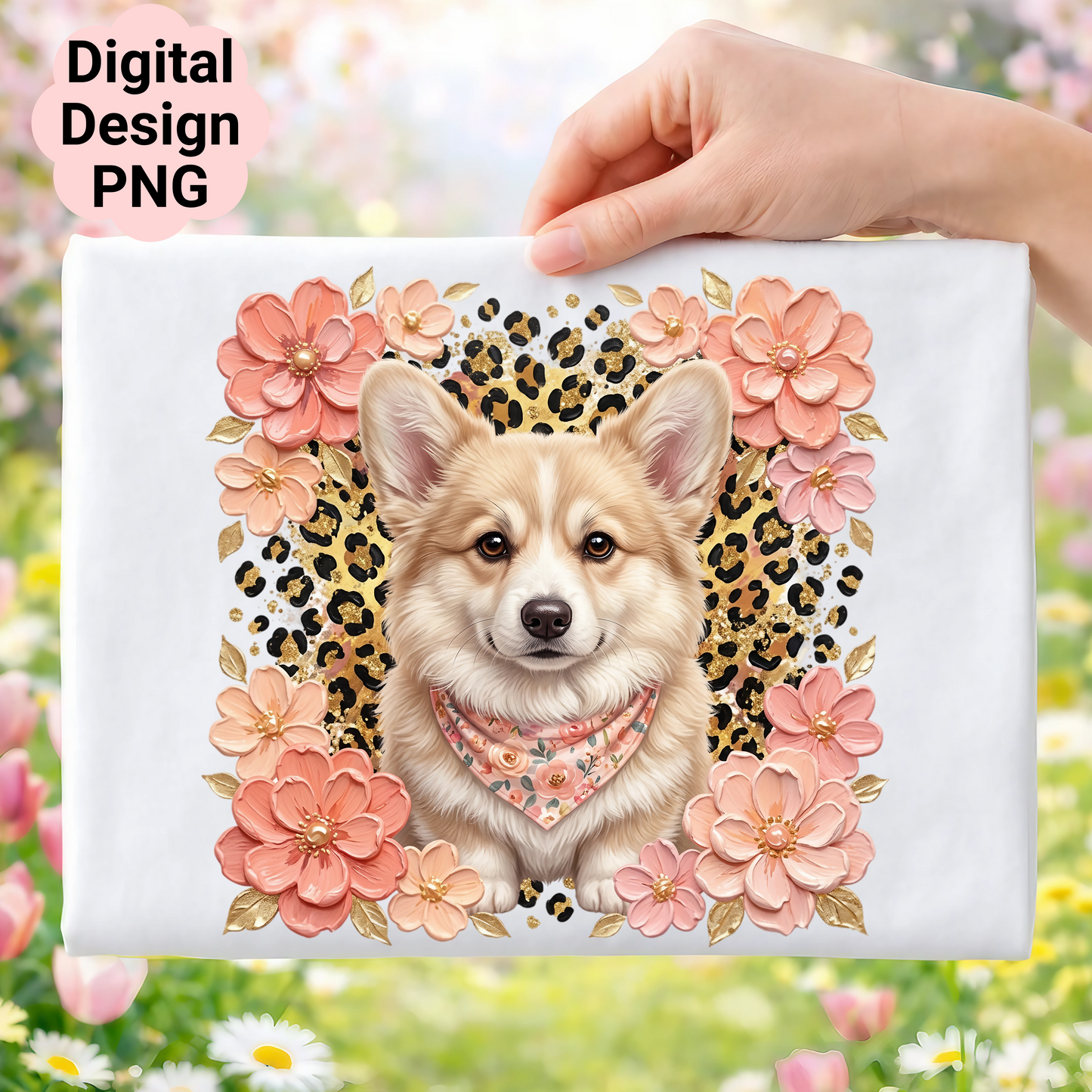 Corgi wearing bandana surrounded by pink flowers and leopard print.