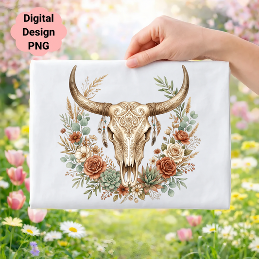Bohemian skull and floral wreath on a white background.