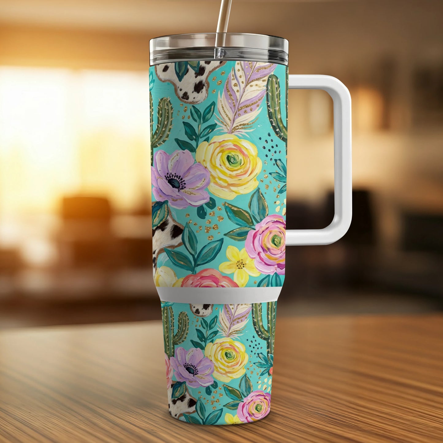 Turquoise tumbler with cowboy boot and floral pattern, white handle and straw.