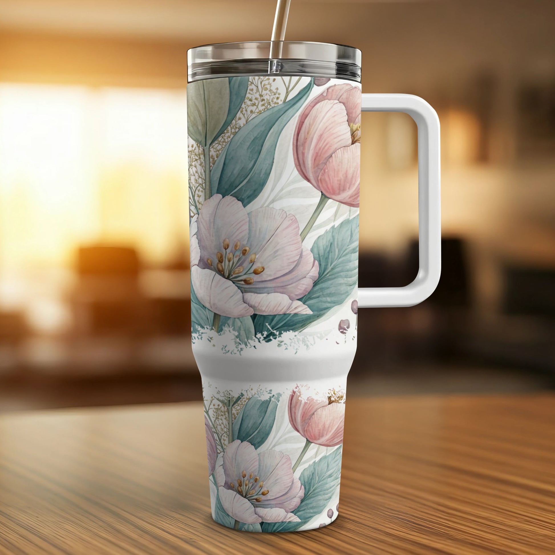 White tumbler with pink floral design and handle.