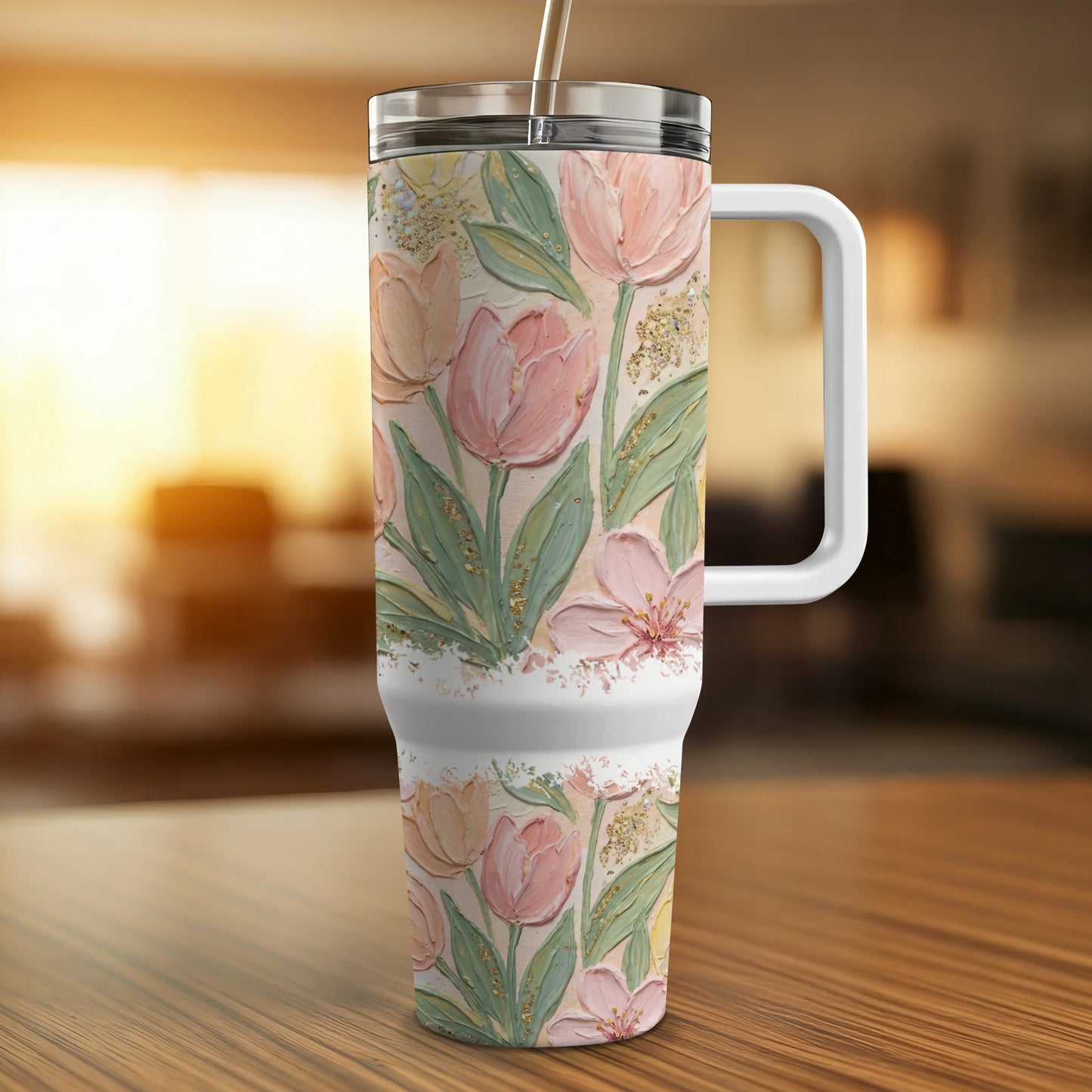 White tumbler with pastel pink tulips and gold accents.