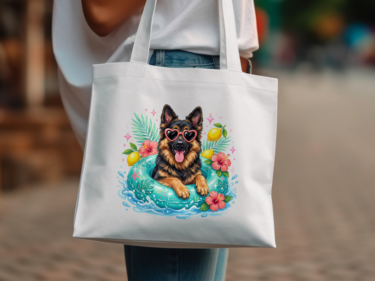 German Shepherd in heart sunglasses on pool float with lemons and flowers.