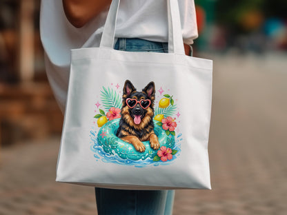 German Shepherd in heart sunglasses on pool float with lemons and flowers.