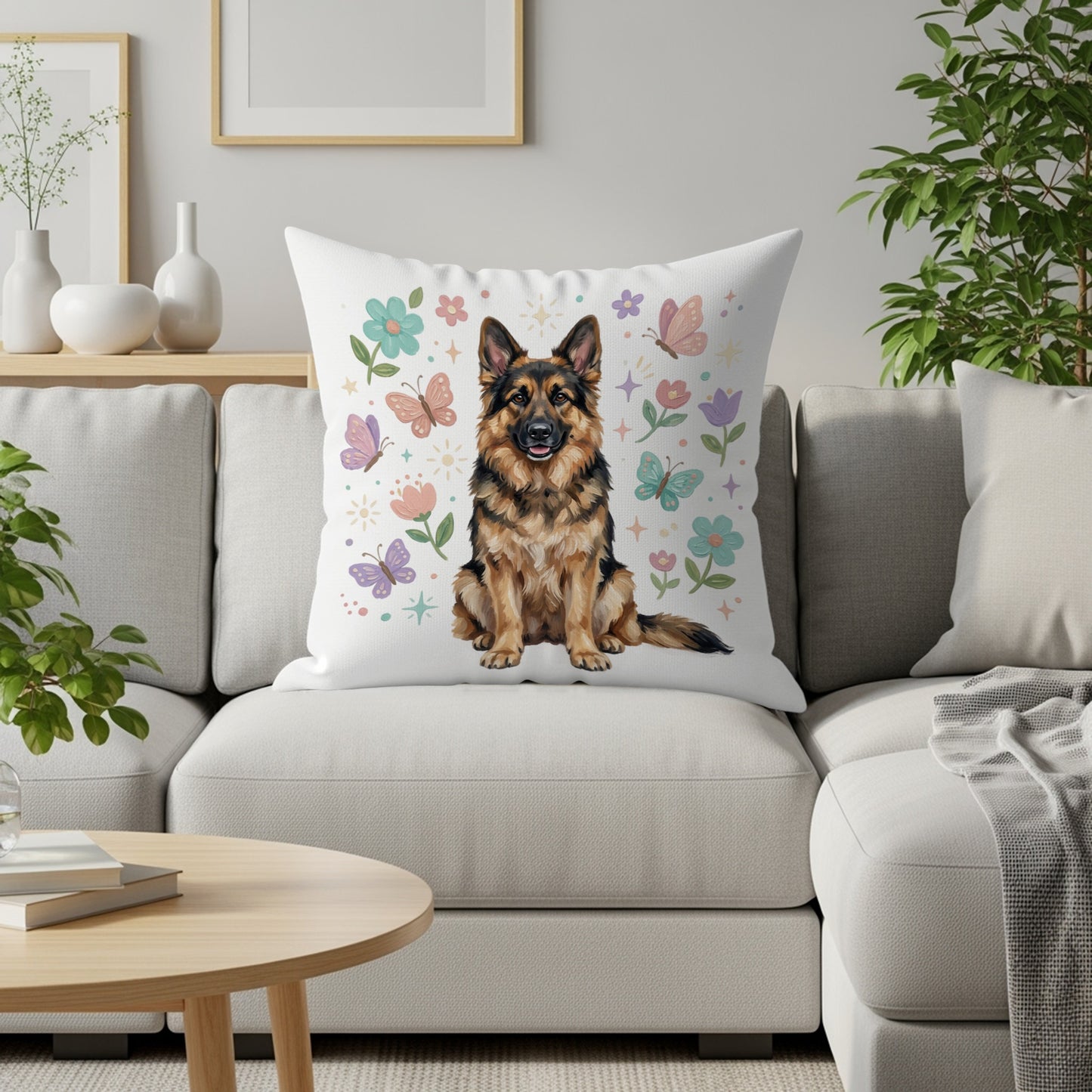 German Shepherd dog on a pillow with butterflies and flowers.