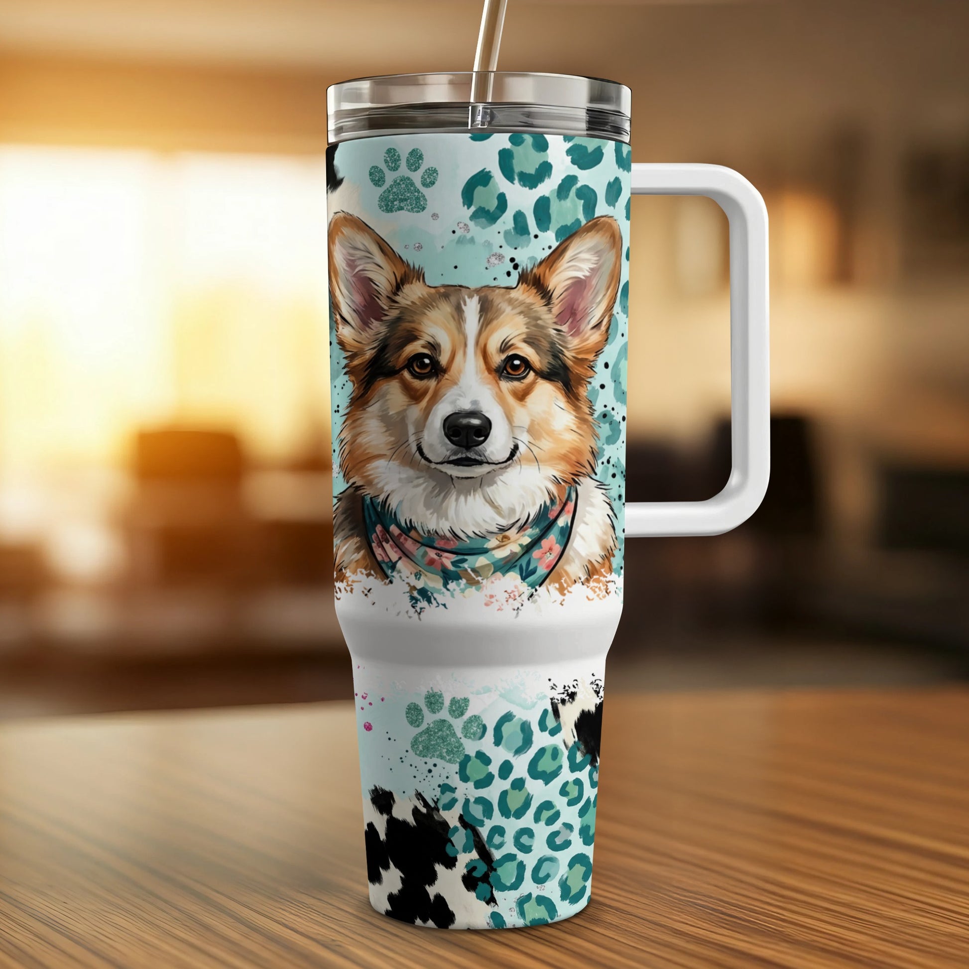 Corgi with bandana on patterned tumbler with handle.