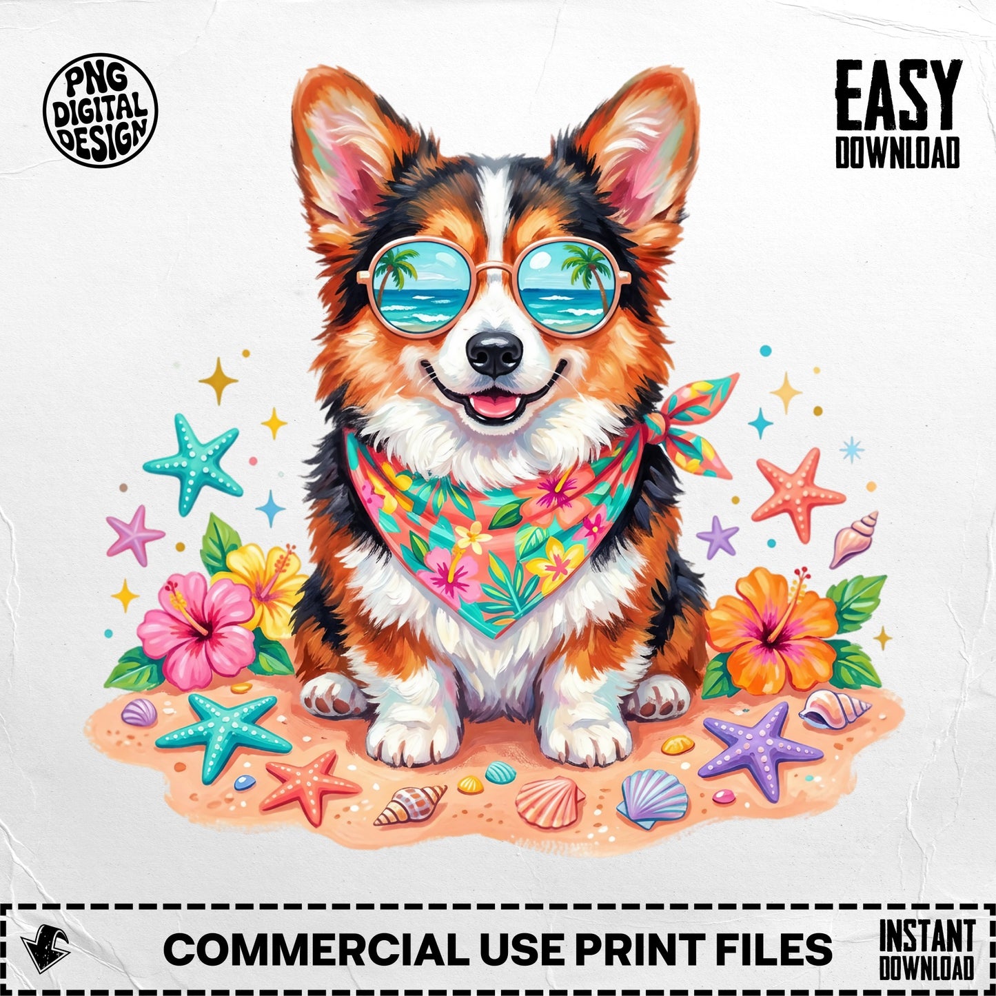 Corgi dog wearing sunglasses and bandana on beach with seashells and flowers.