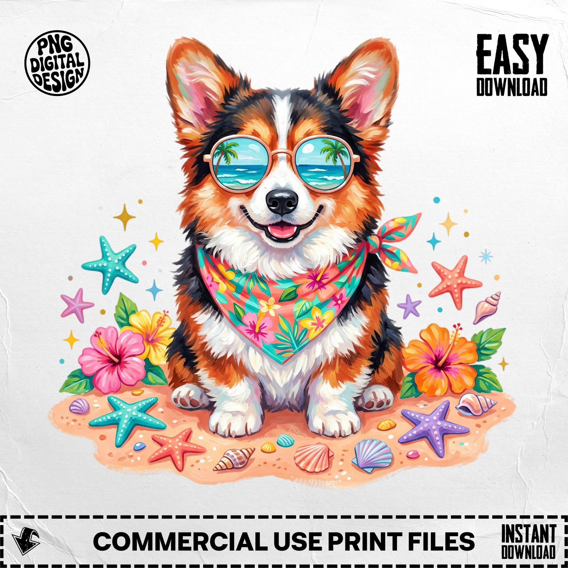Corgi dog wearing sunglasses and bandana on beach with seashells and flowers.