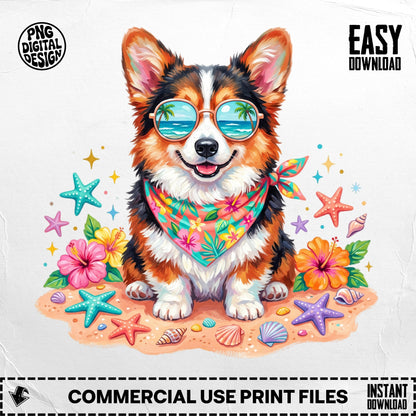 Corgi dog wearing sunglasses and bandana on beach with seashells and flowers.