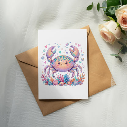 Cute cartoon crab on a card with seashells and ocean-themed decorations.