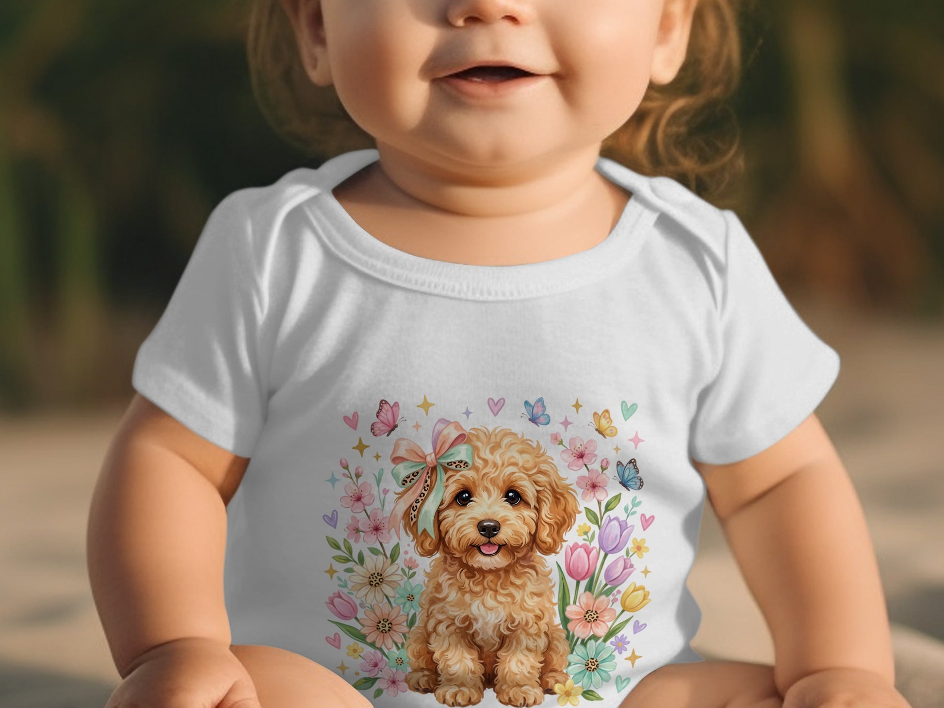 Baby wearing white onesie with a cute puppy and flowers graphic.