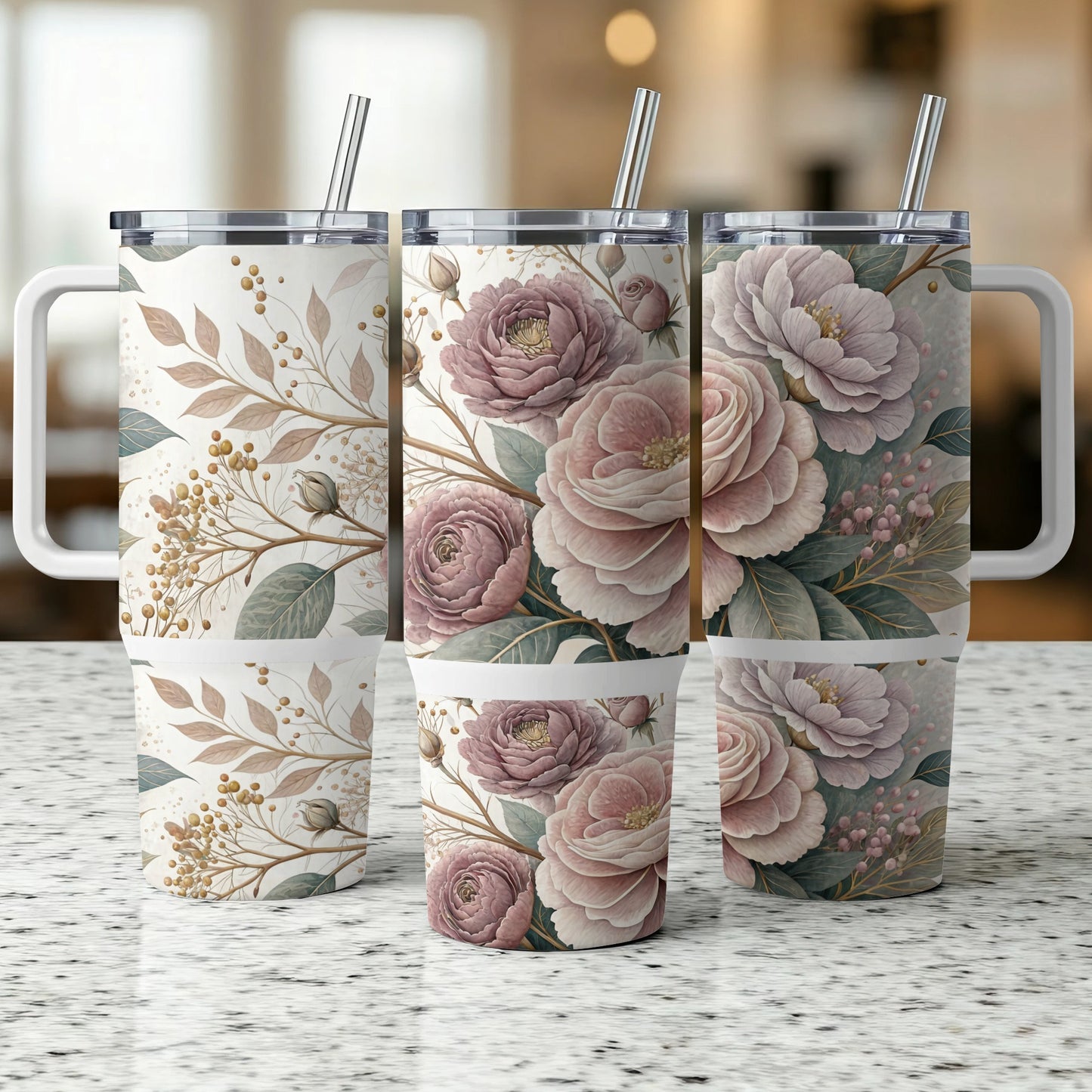 Three tumblers with a floral and berry branch pattern, featuring pink and blush roses.