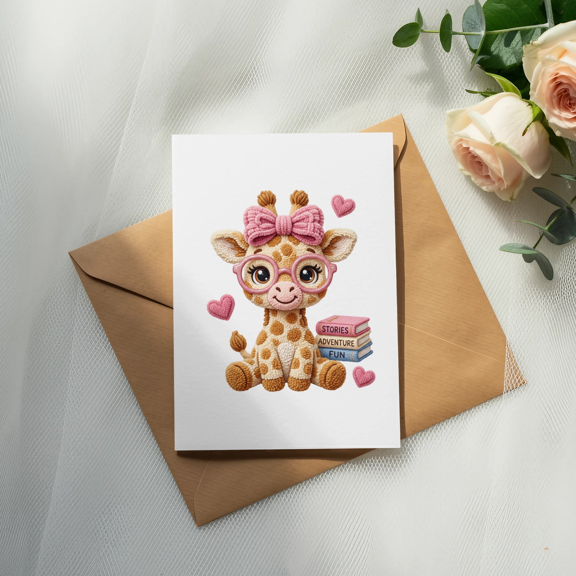 Cute cartoon giraffe in glasses sits on a card with books and hearts.