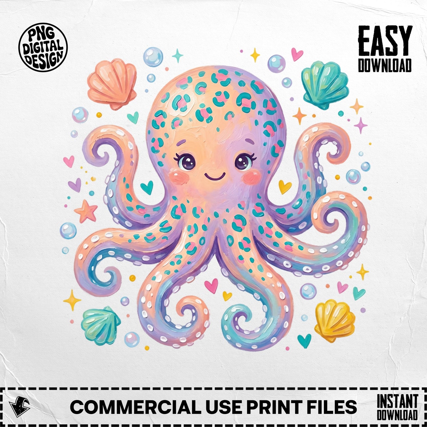 Cute purple and teal octopus surrounded by shells and stars.
