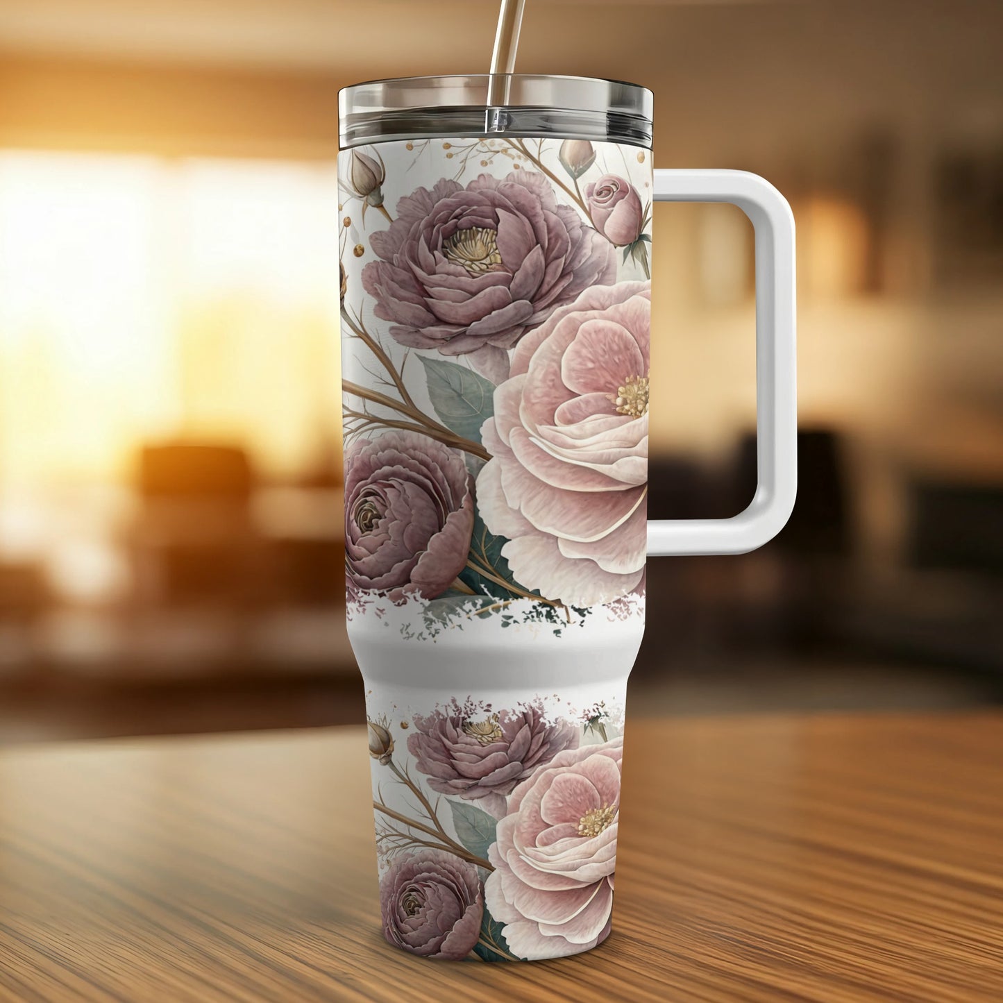 Floral tumbler with handle featuring pink and purple roses on a wooden surface.
