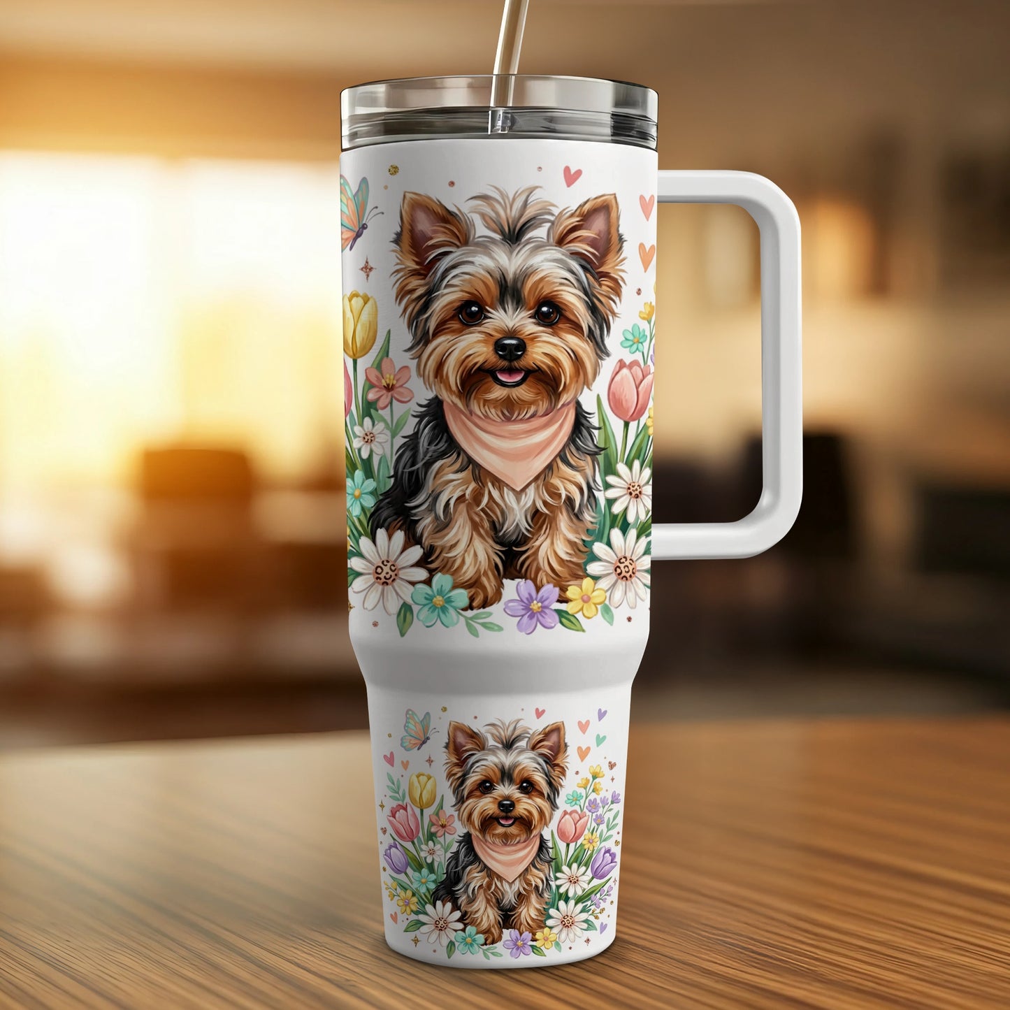 Yorkshire Terrier with floral accents on a white travel tumbler.