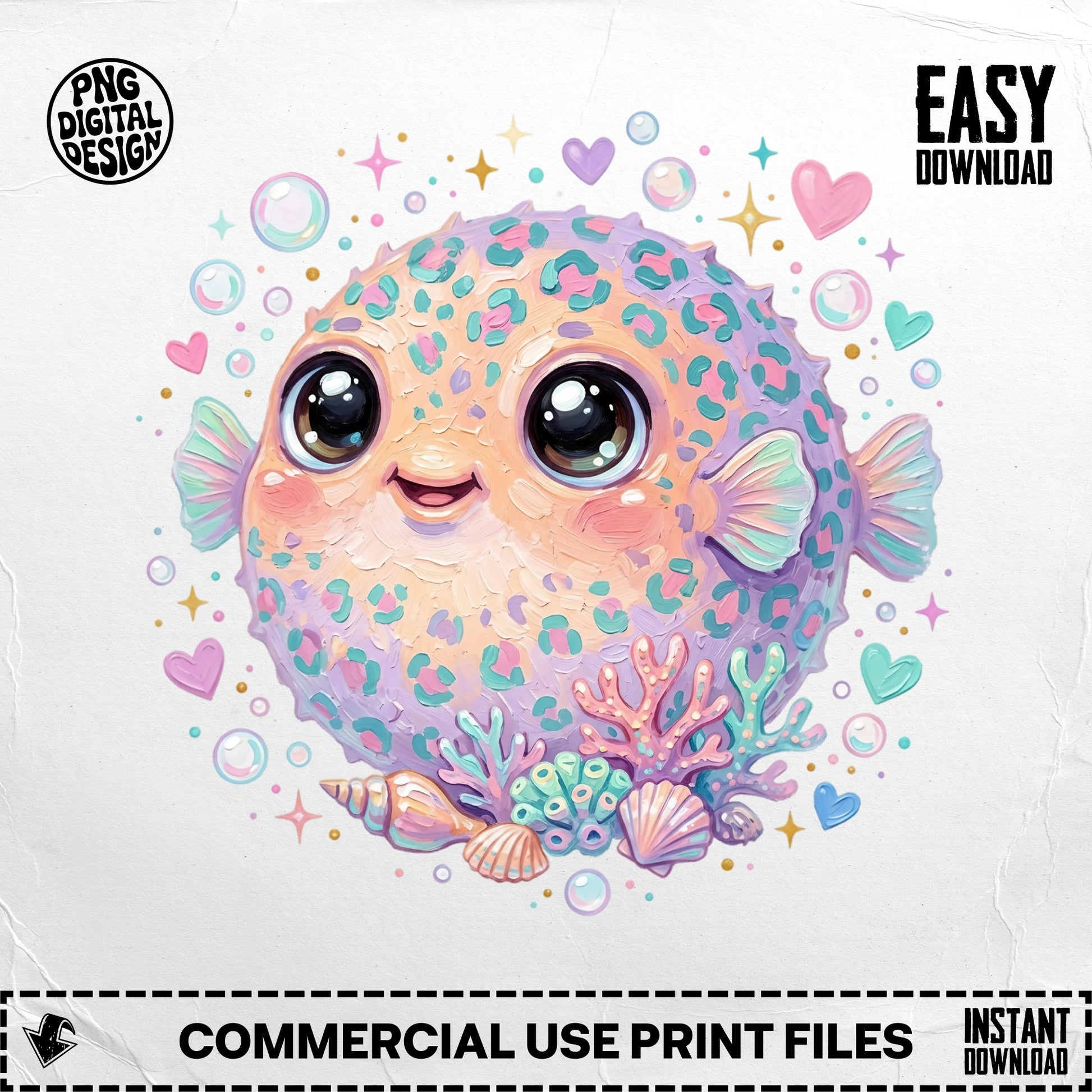 Cute cartoon pufferfish with hearts and shells, pastel colors.