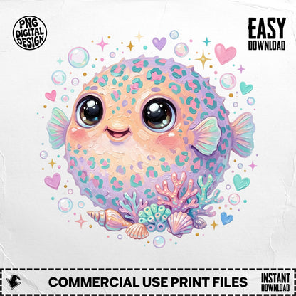 Cute cartoon pufferfish with hearts and shells, pastel colors.
