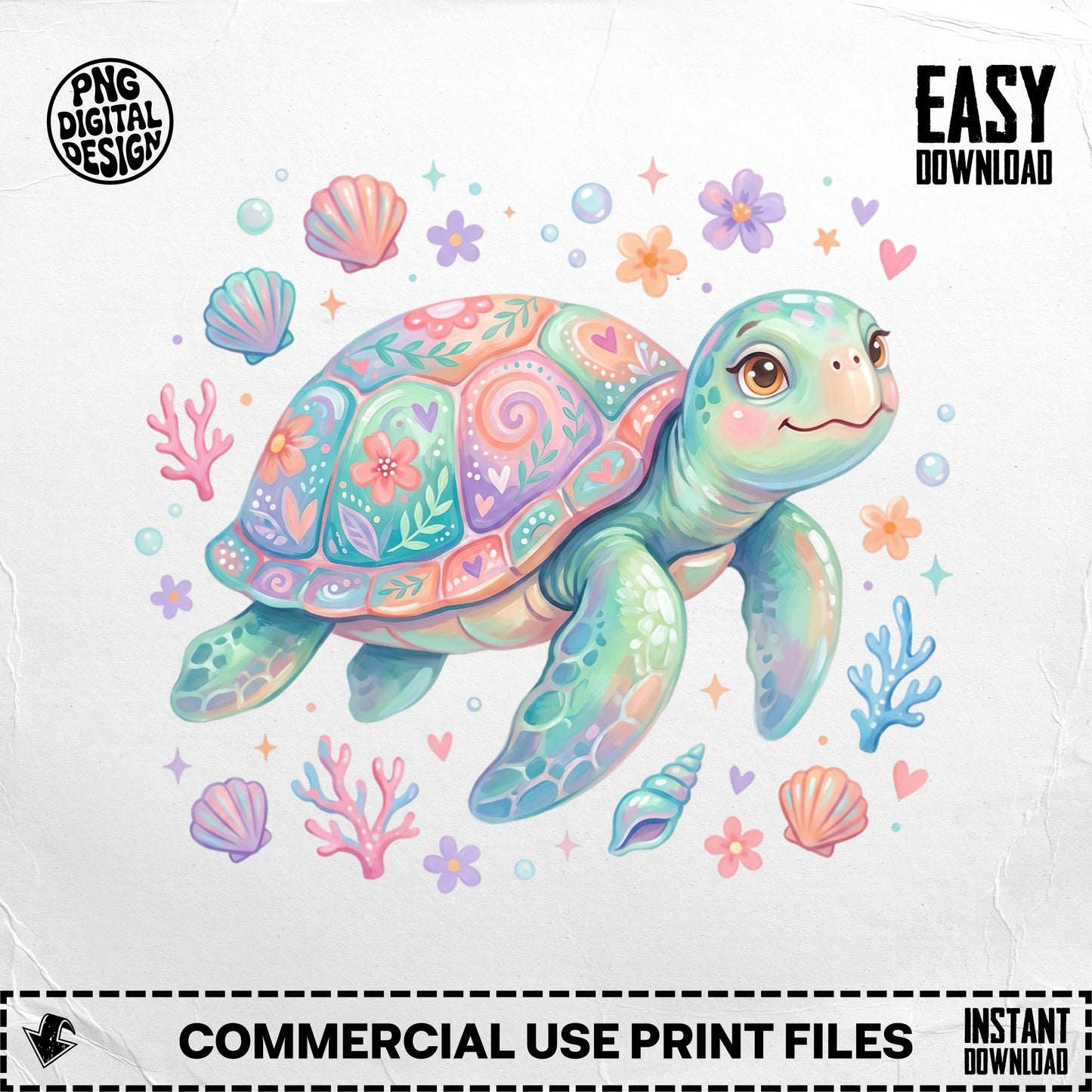 Whimsical sea turtle surrounded by colorful shells and flowers.