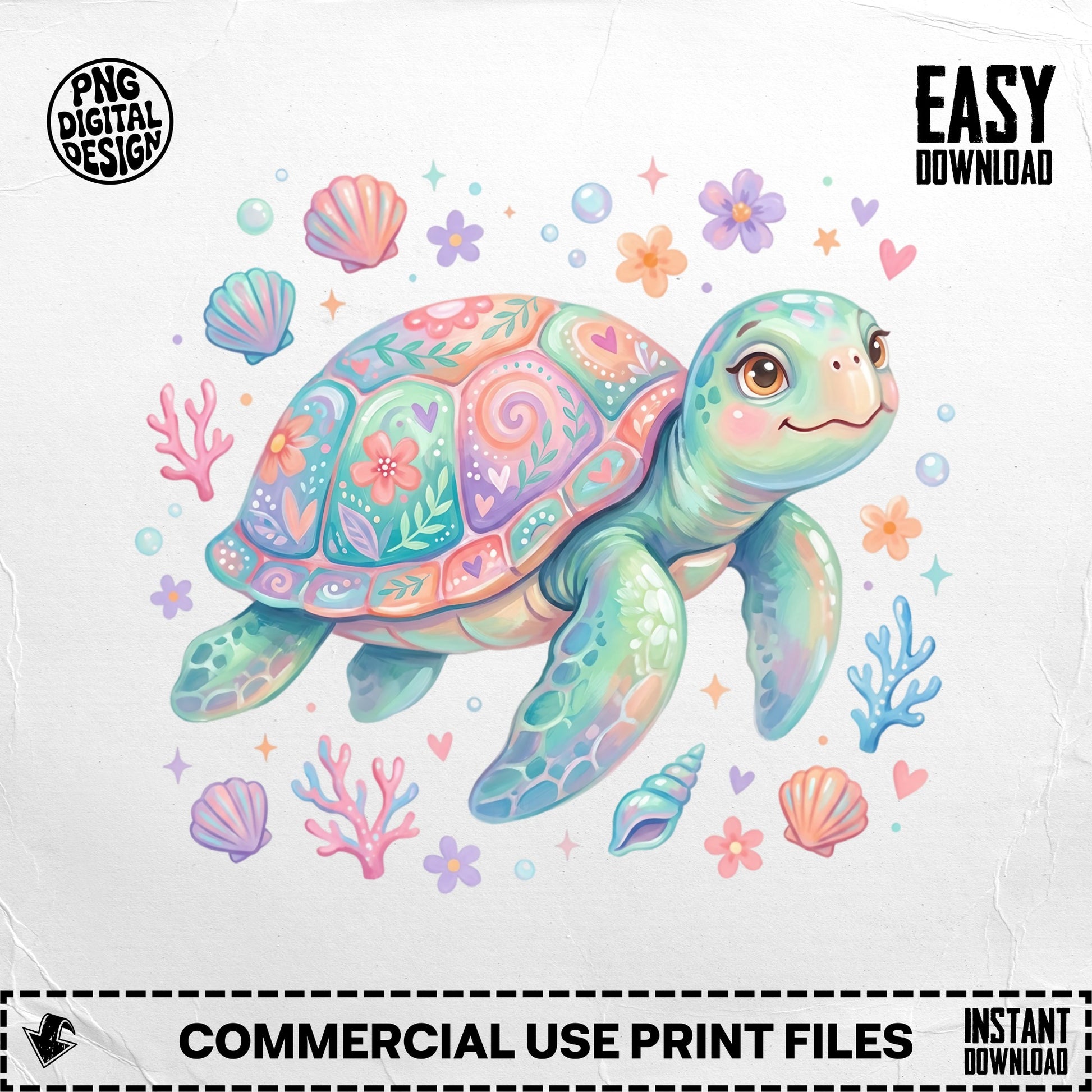 Whimsical sea turtle surrounded by colorful shells and flowers.