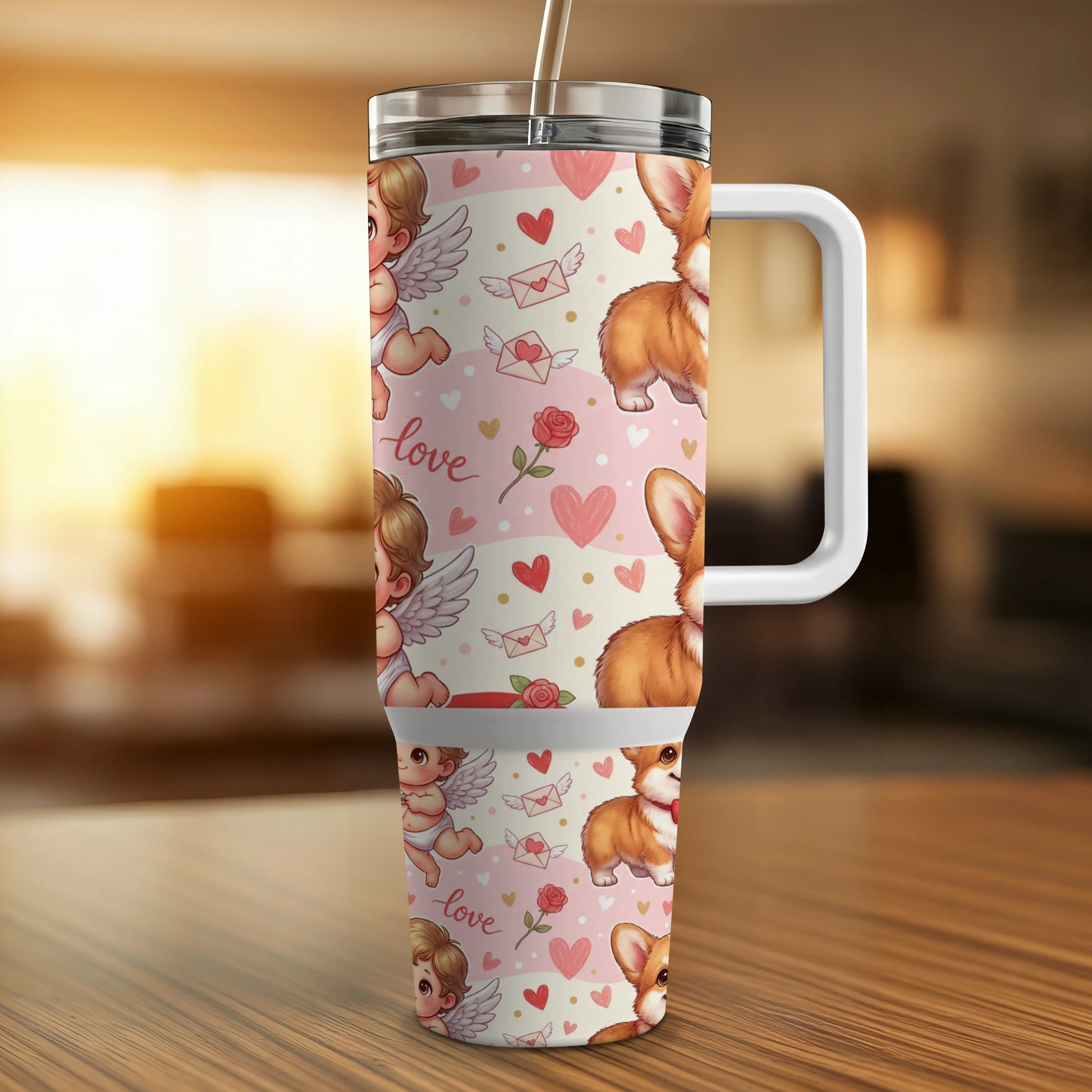 Cupid and corgi pattern on a white insulated tumbler with handle.