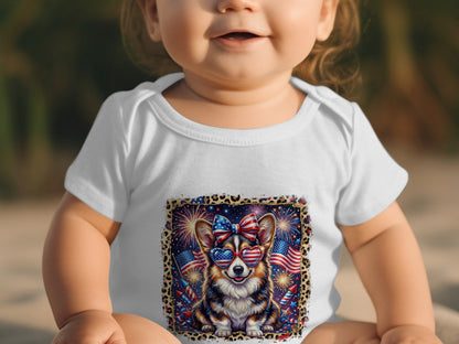 Baby in white onesie with patriotic dog graphic and red, white, and blue heart sunglasses.