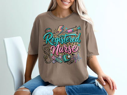 Registered Nurse graphic with stethoscope, syringe, and bandages.