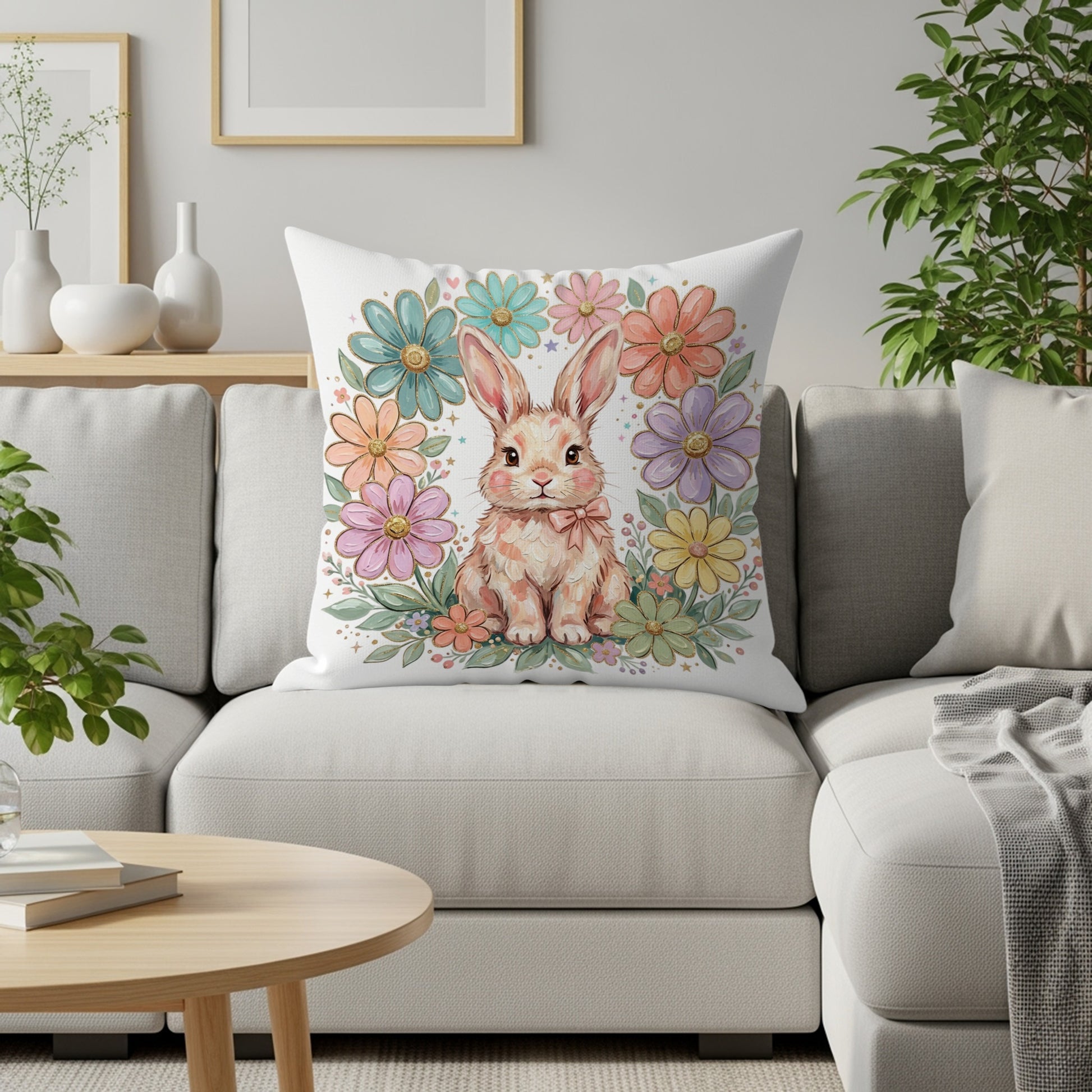 Rabbit with floral wreath on a decorative throw pillow.