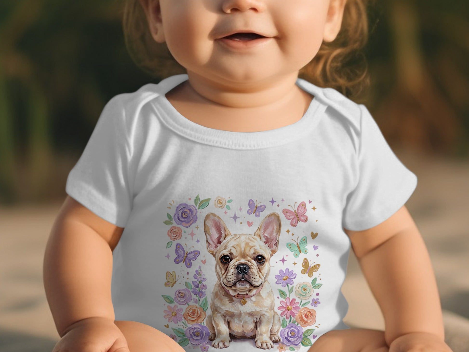 Baby wearing a white onesie with a French bulldog and floral design.