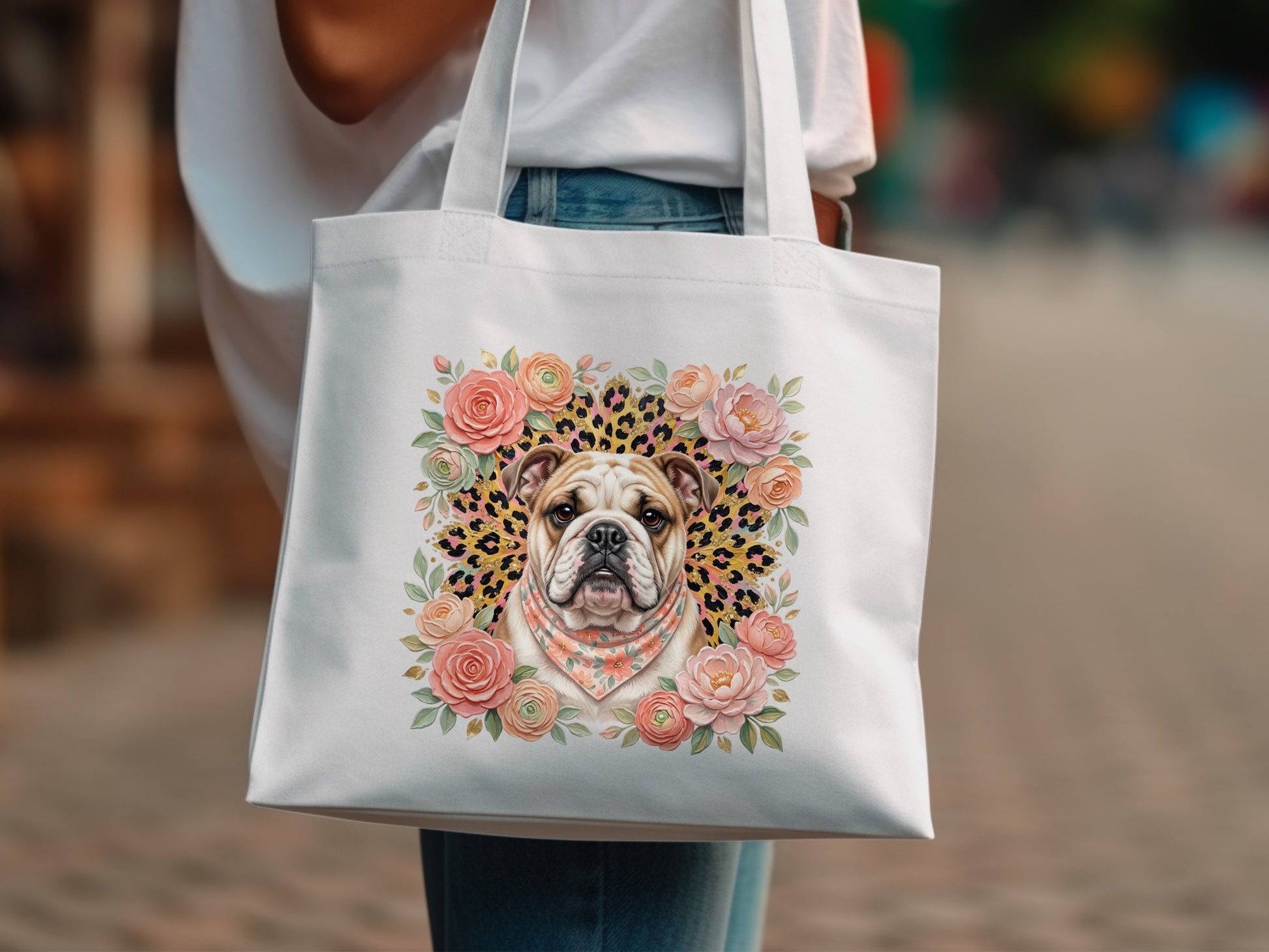 Bulldog face with flowers and leopard print on a white tote bag.