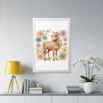 Illustration of a golden pony with a pink bow surrounded by pastel flowers.