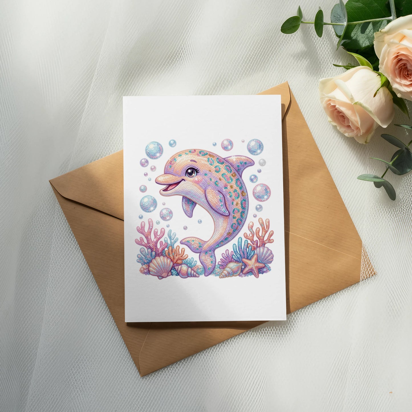 Dolphin with bubbles and seashells on a greeting card.