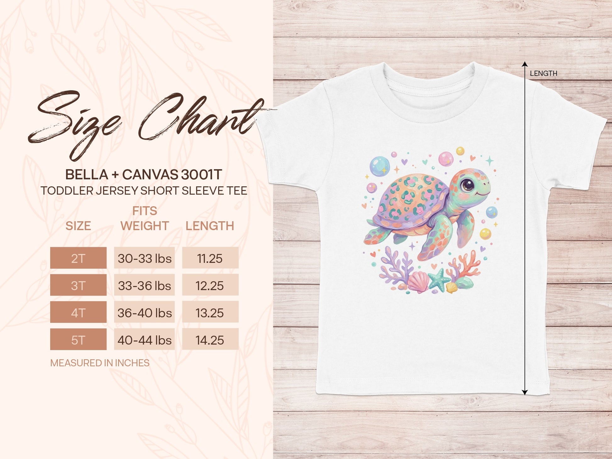 Size chart for Bella + Canvas 3001T toddler short sleeve tee, with weights and lengths.
