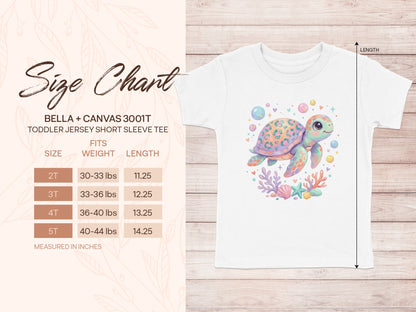 Size chart for Bella + Canvas 3001T toddler short sleeve tee, with weights and lengths.