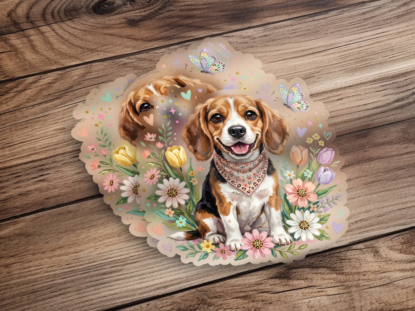 Beagle dog with bandana surrounded by flowers and butterflies.