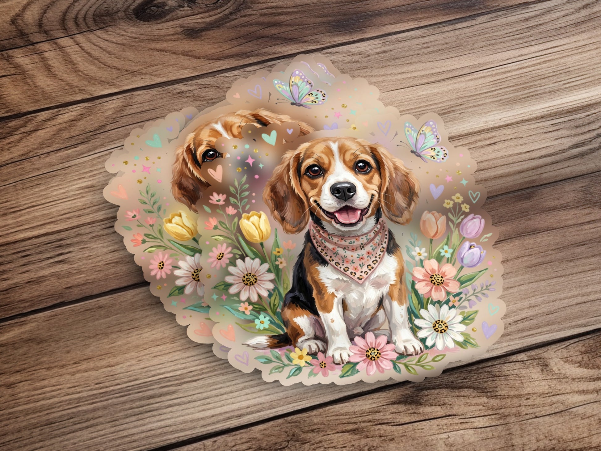 Beagle dog with bandana surrounded by flowers and butterflies.