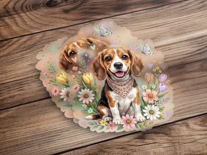 Beagle dog with bandana surrounded by flowers and butterflies.