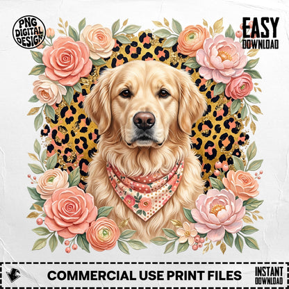 Golden Retriever wearing a bandana surrounded by roses and leopard print.