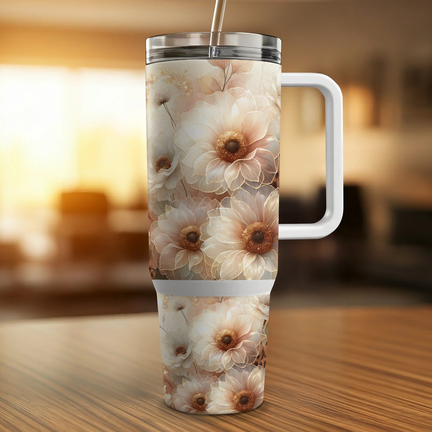 White tumbler with a floral pattern featuring cream-colored flowers and gold accents.