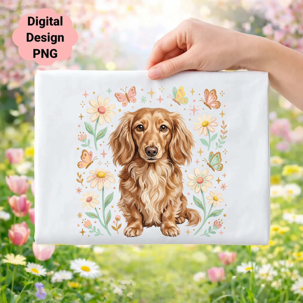 Dachshund surrounded by flowers and butterflies.