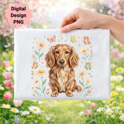 Dachshund surrounded by flowers and butterflies.