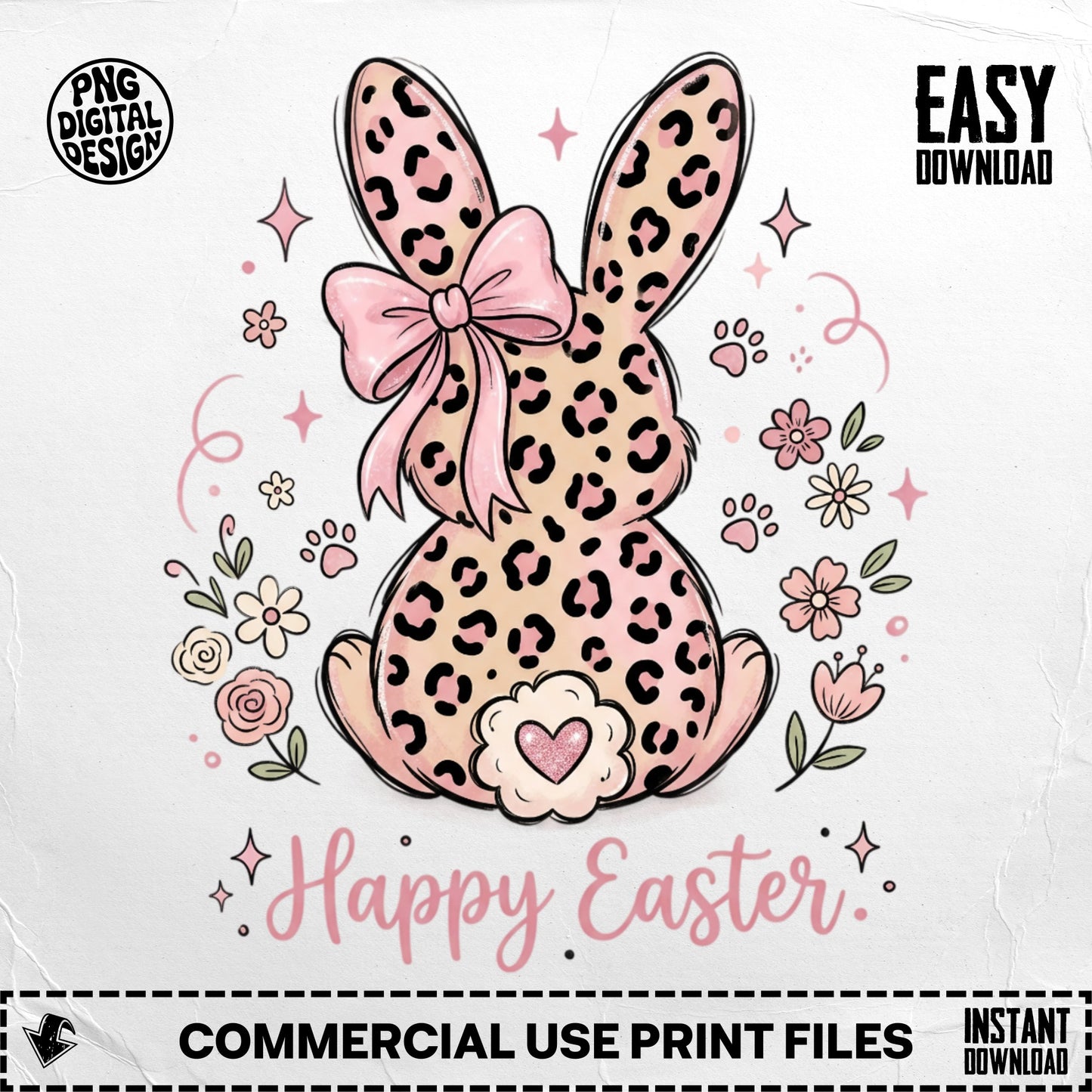 Pink leopard print bunny with bow and flowers, Happy Easter text.