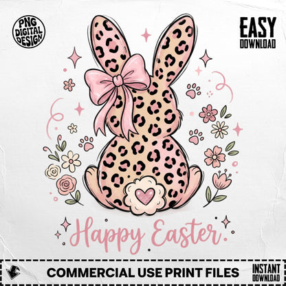 Pink leopard print bunny with bow and flowers, Happy Easter text.